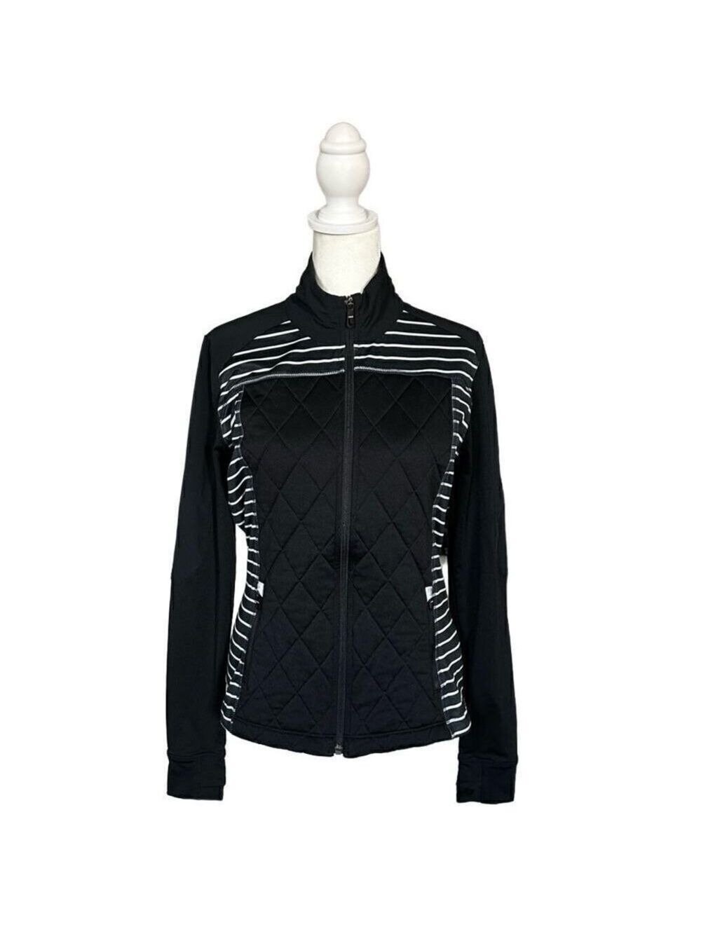 Lole Black & White Stripe Quilted Hybrid Full Zip Thumbhole Jacket Size Small